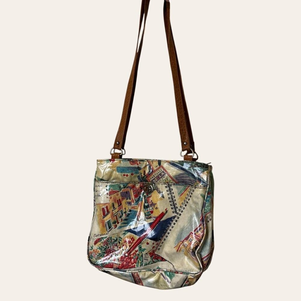 Unique vintage vinyl colored pencil illustrated European scenery artist purse - Picture 8 of 8